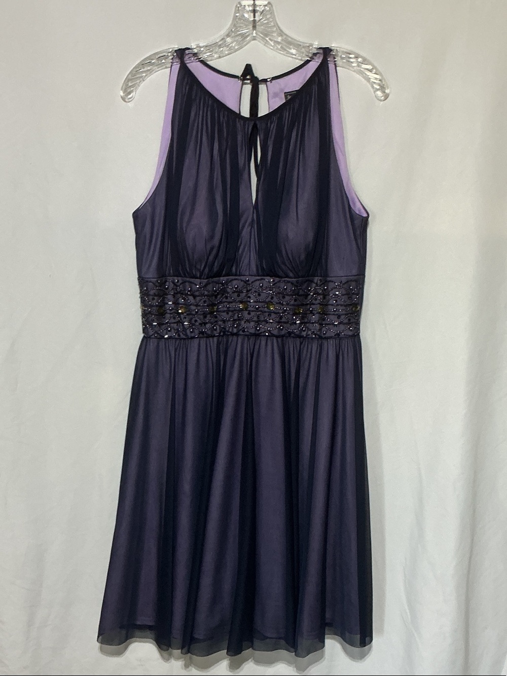 Jessica Howard Womens Purple Party Dress Beaded Waist Sheer Overlay Sz 10